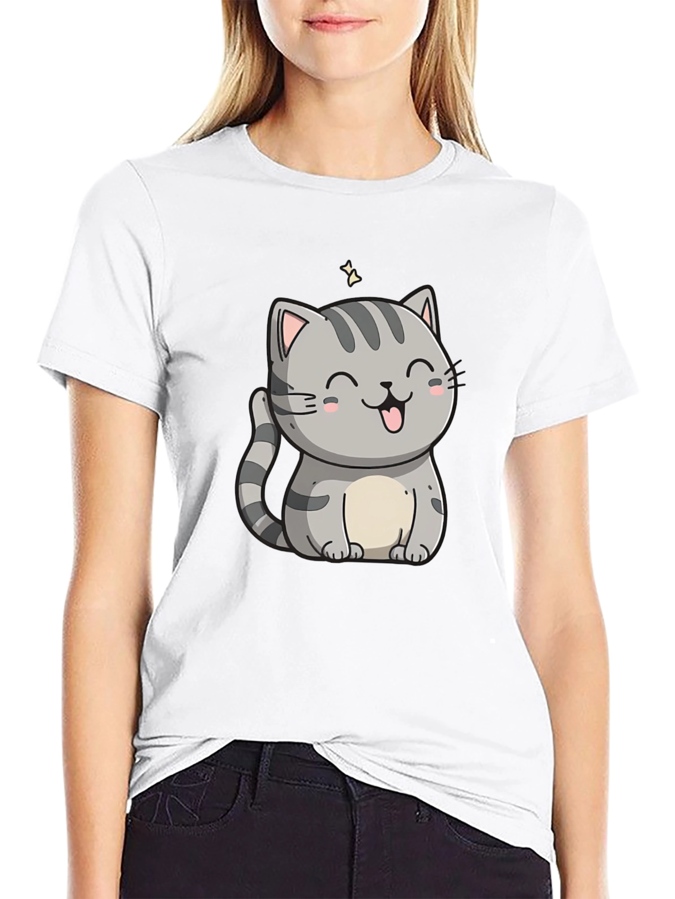 Cute Cartoon Cat Graphic Tee - Black