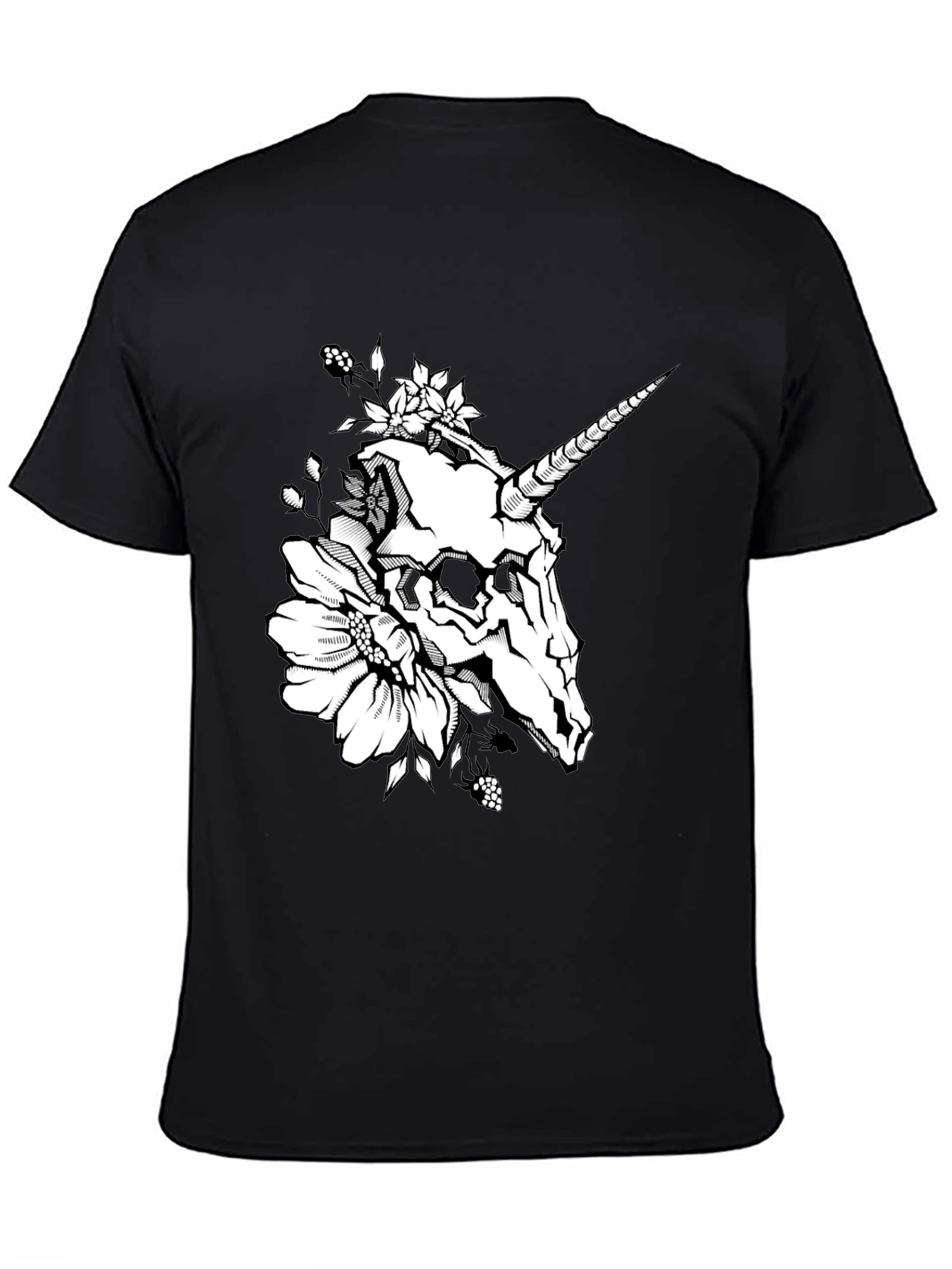 Unicorn Skull Floral Graphic T-Shirt - Black