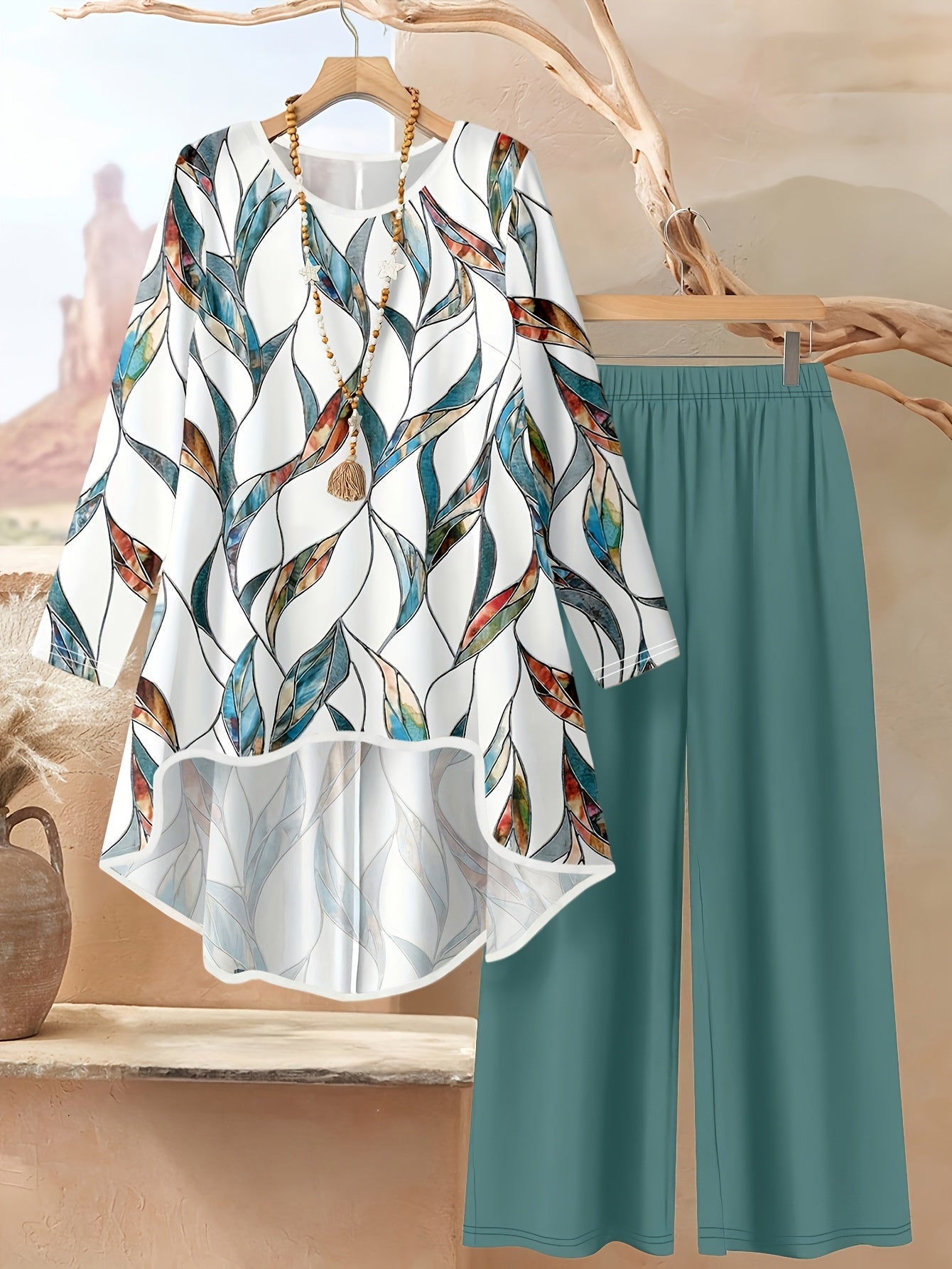 BK1028060 Women's Floral Print Casual Set - Spring/Summer Asymmetrical T-Shirt + Solid Color Wide-Leg Pants 2pcs Set