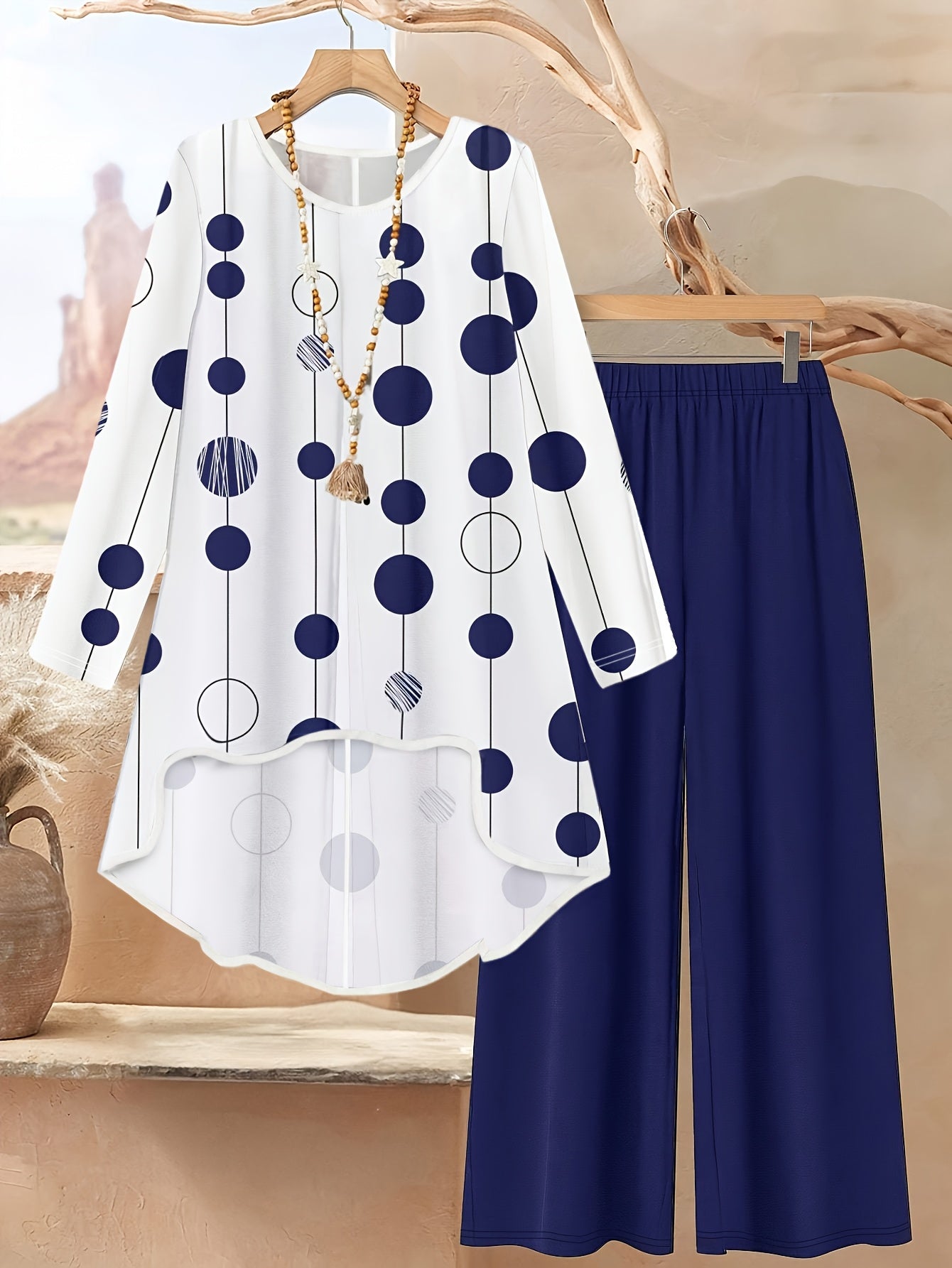BK1009053 Women's Fashion 2pcs Set - Spring/Summer Polka Dot Print T-Shirt and Asymmetrical Top with Wide-Leg Pants