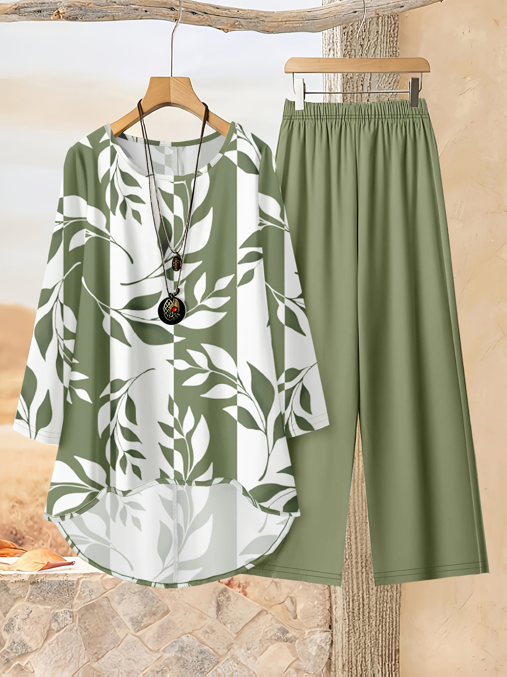 [BK0903526] Women'S Fashion Leaf Digital Print Irregular Hem Top And Solid Color Pants Set - Suitable for Spring Summer Wear