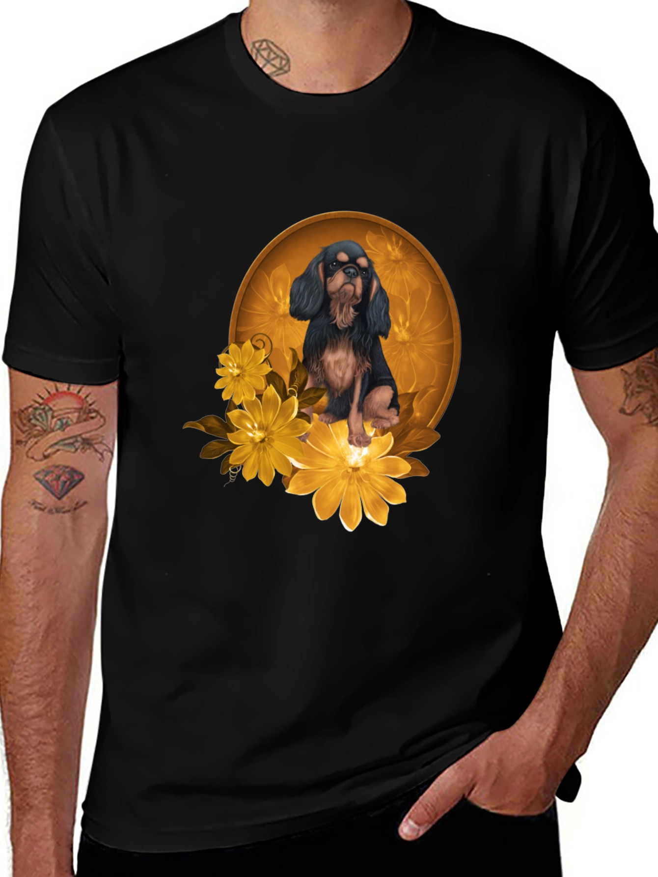 Black T-Shirt with Cavalier Dog and Flowers