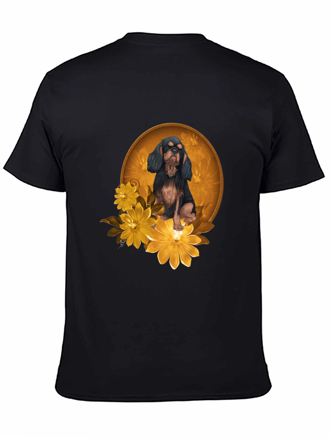 Black T-Shirt with Cavalier Dog and Flowers