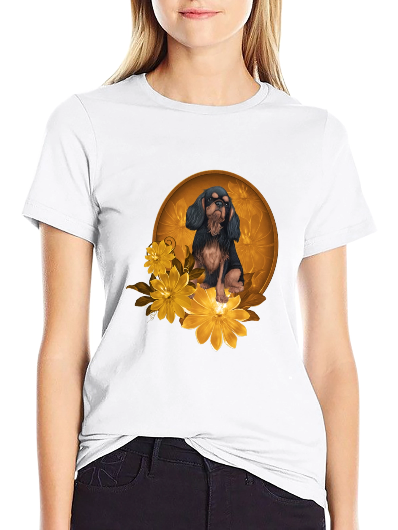 Black T-Shirt with Cavalier Dog and Flowers