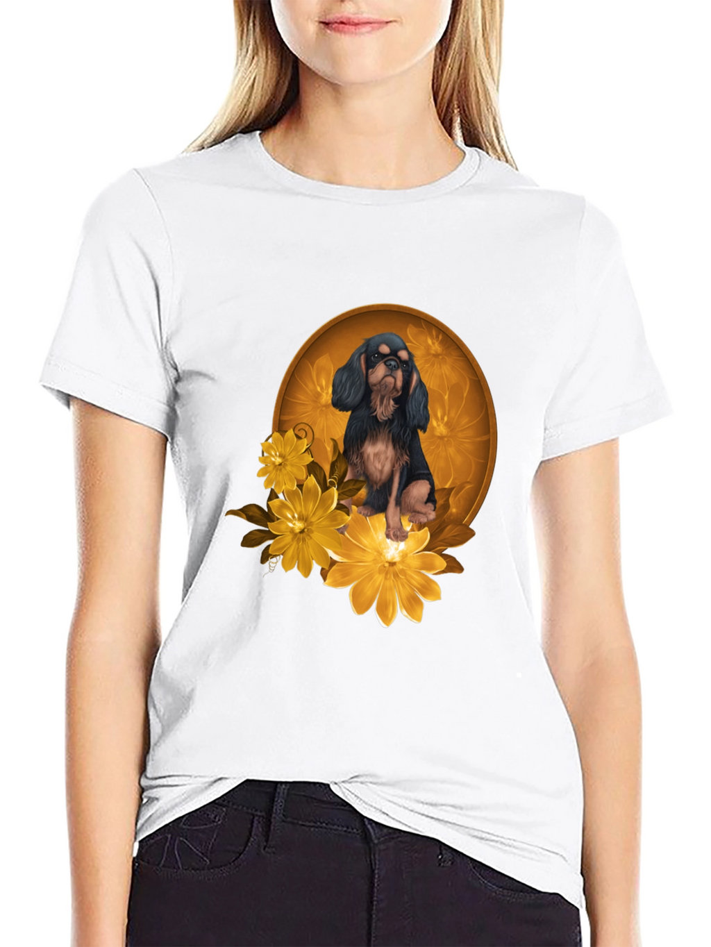 Black T-Shirt with Cavalier Dog and Flowers