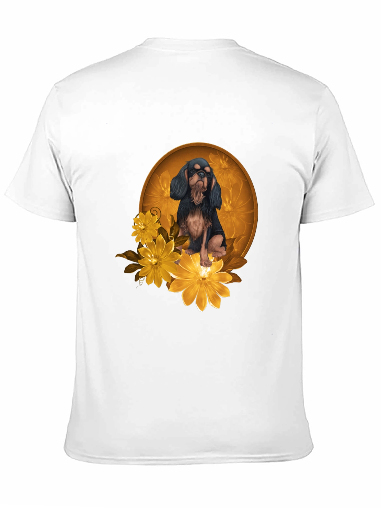 Black T-Shirt with Cavalier Dog and Flowers