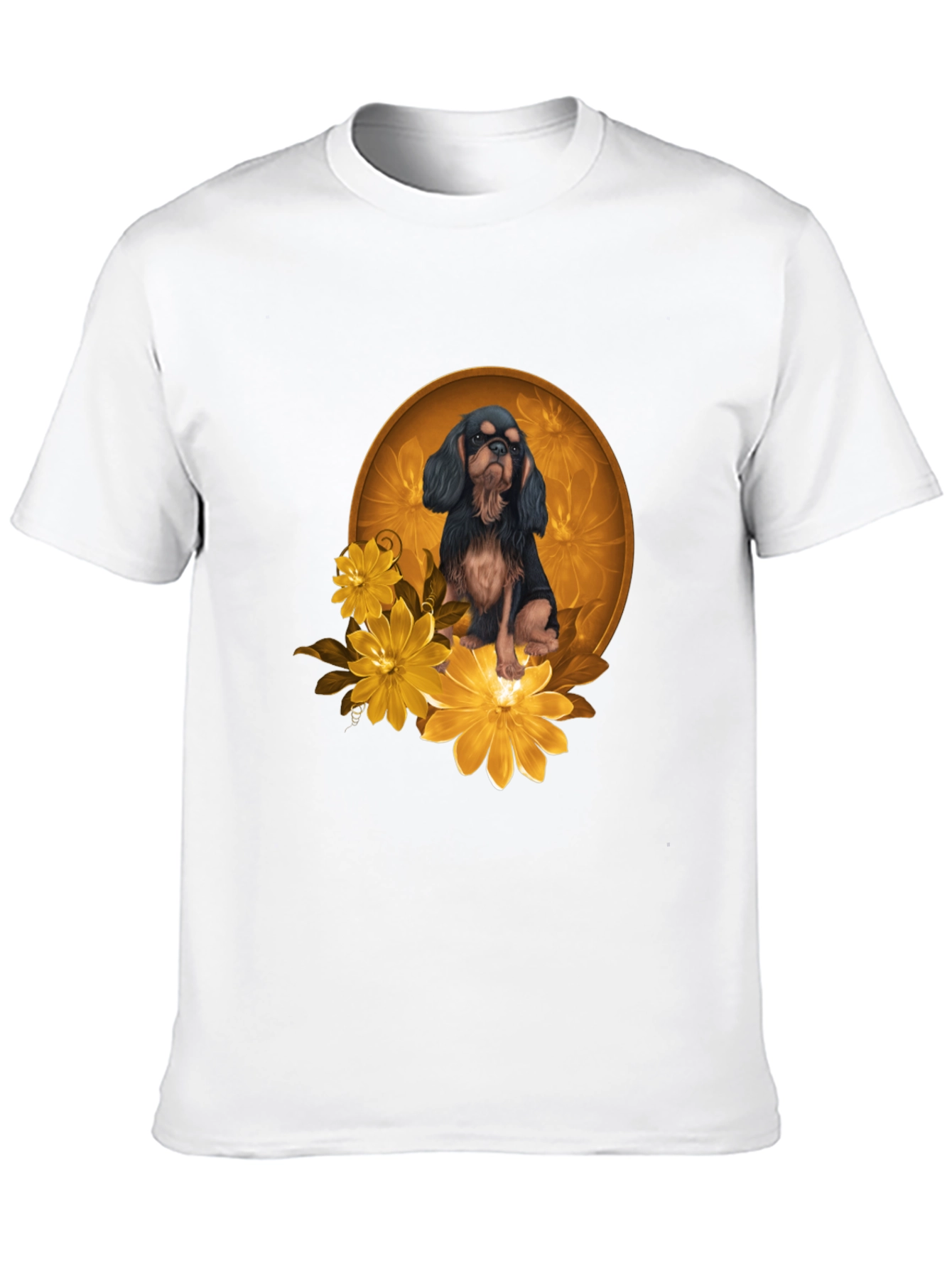 Black T-Shirt with Cavalier Dog and Flowers