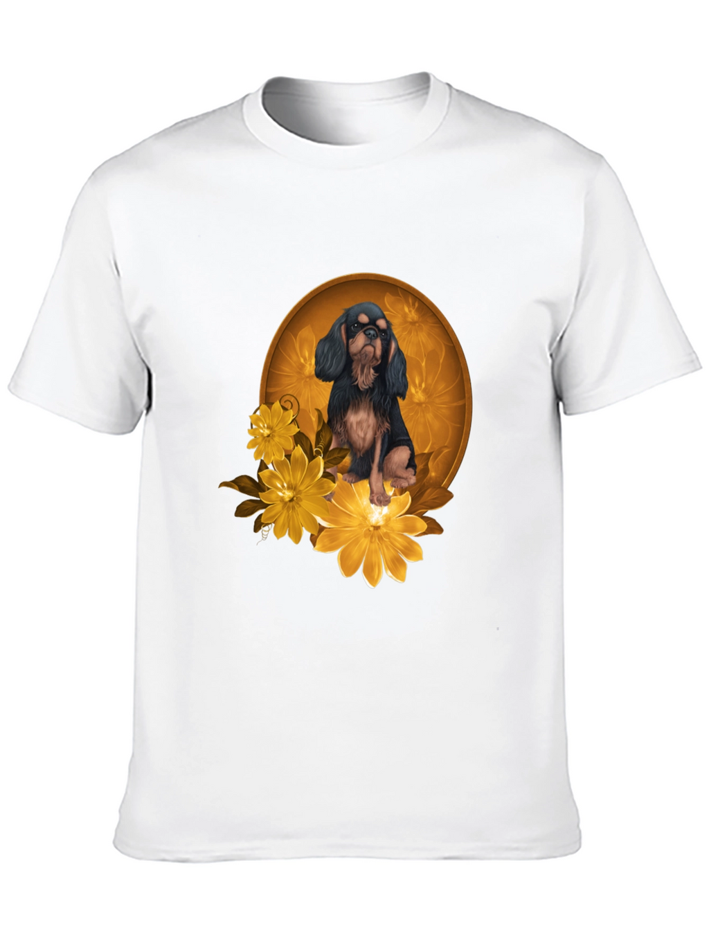 Black T-Shirt with Cavalier Dog and Flowers