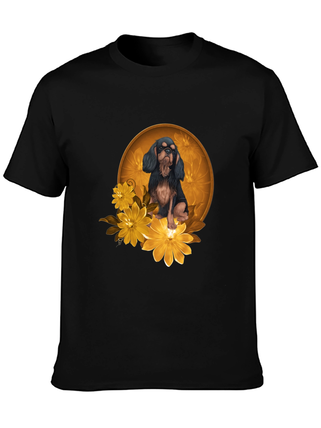 Black T-Shirt with Cavalier Dog and Flowers