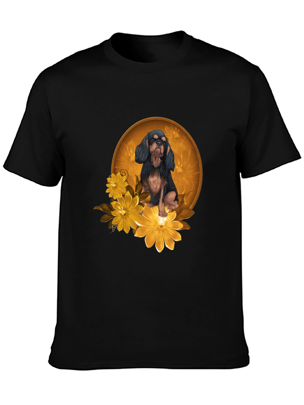 Black T-Shirt with Cavalier Dog and Flowers
