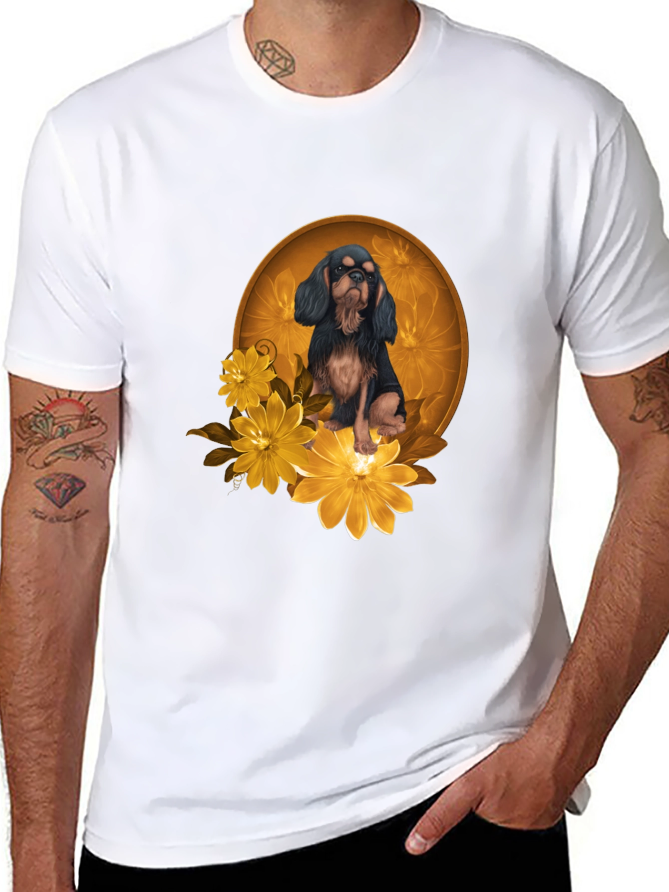 Black T-Shirt with Cavalier Dog and Flowers