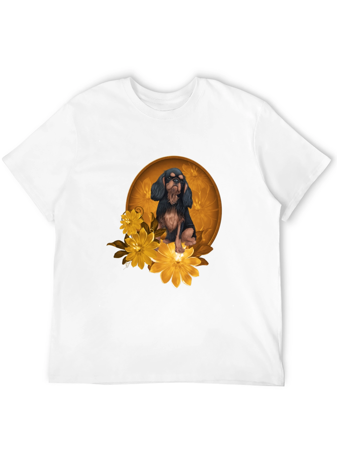 Black T-Shirt with Cavalier Dog and Flowers