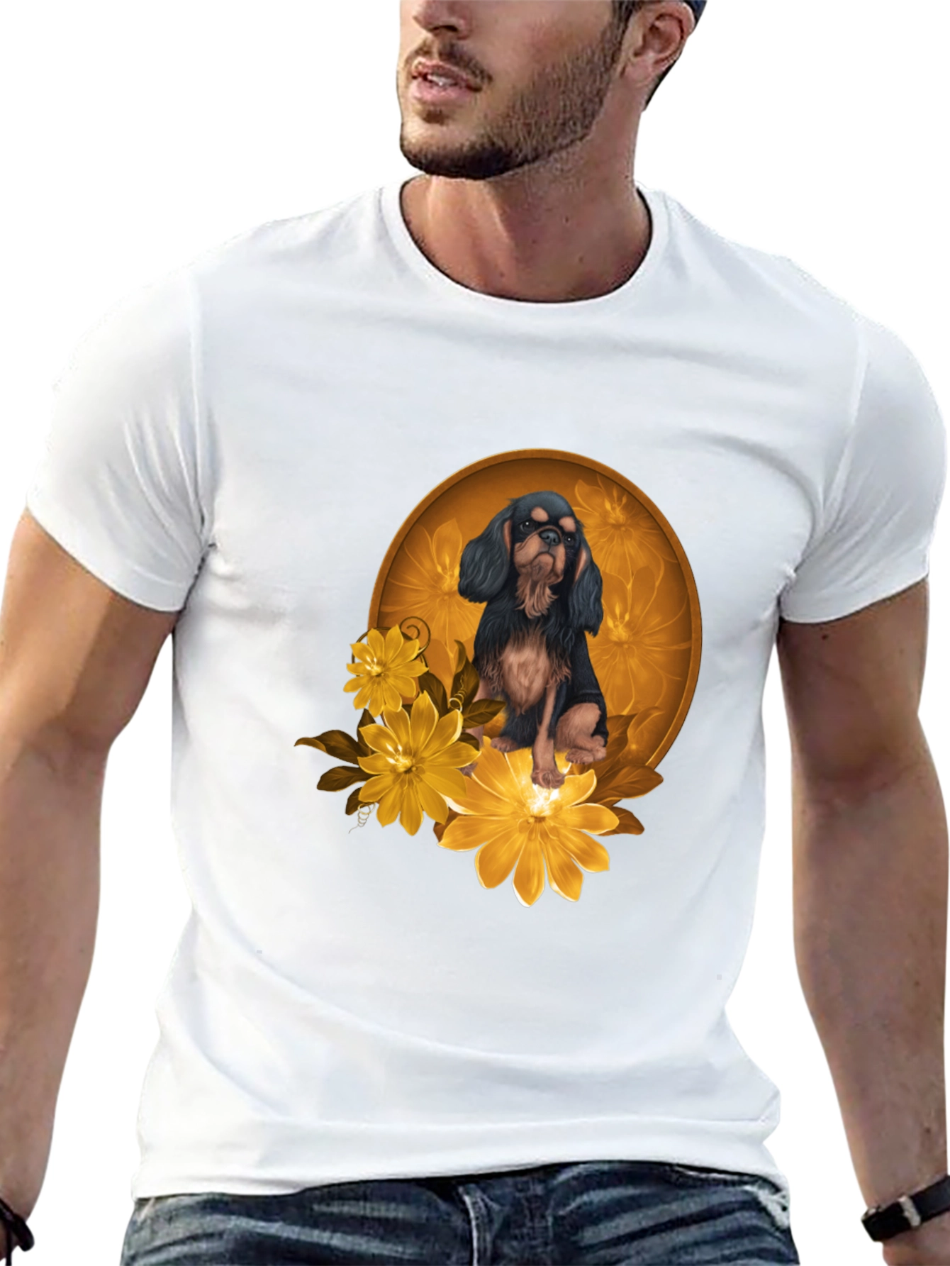 Black T-Shirt with Cavalier Dog and Flowers