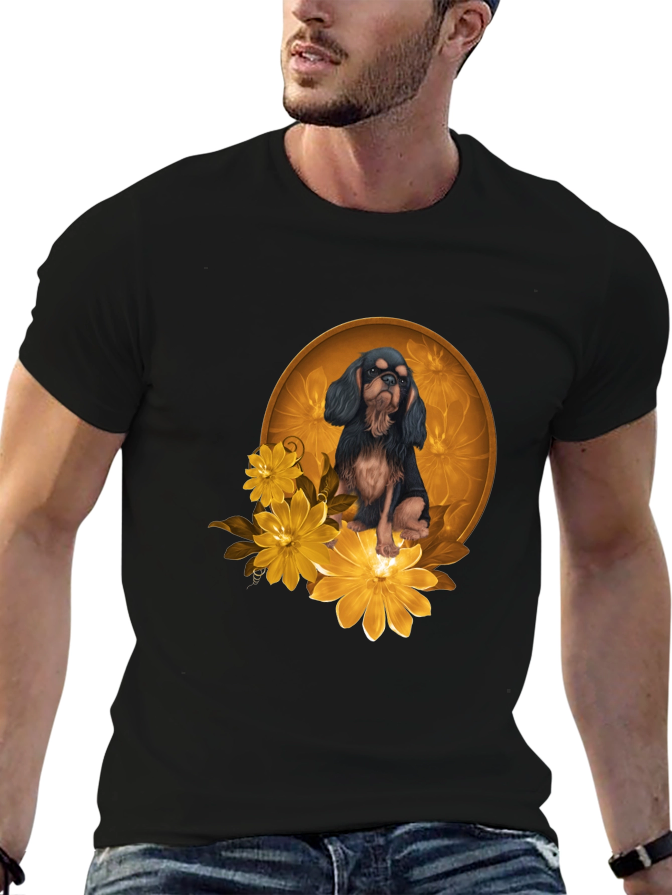 Black T-Shirt with Cavalier Dog and Flowers