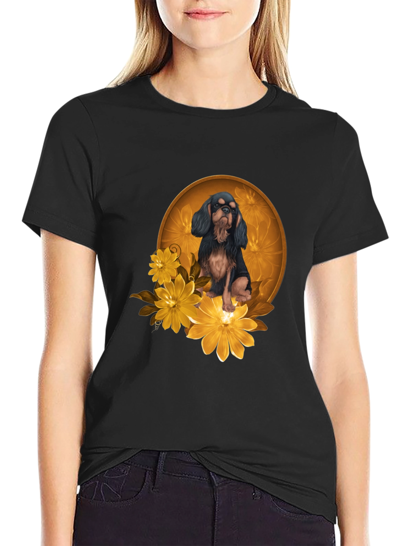 Black T-Shirt with Cavalier Dog and Flowers