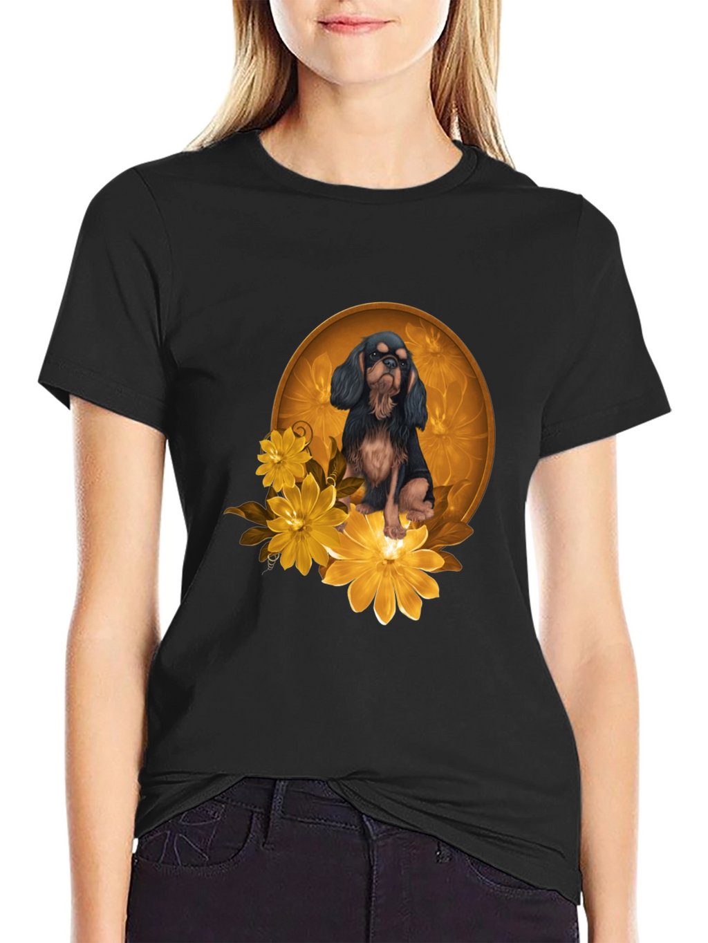 Black T-Shirt with Cavalier Dog and Flowers