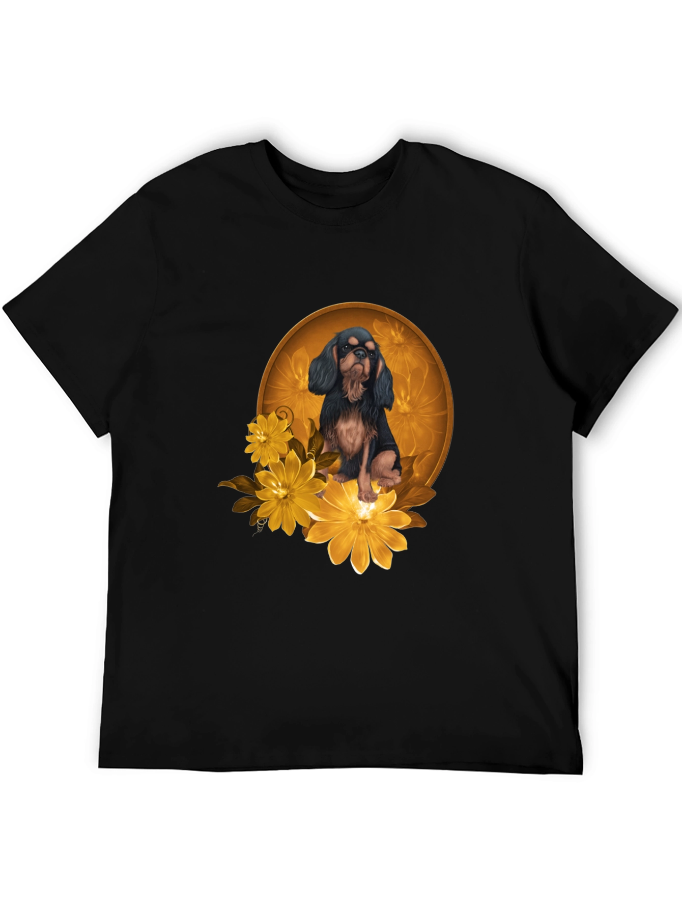 Black T-Shirt with Cavalier Dog and Flowers