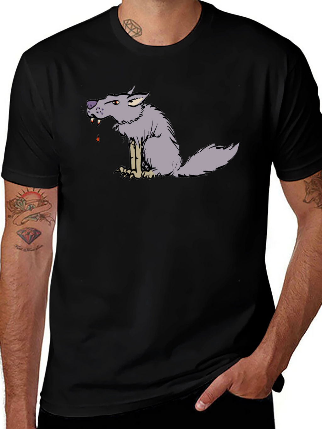 Cartoon Wolf Graphic Black Tee