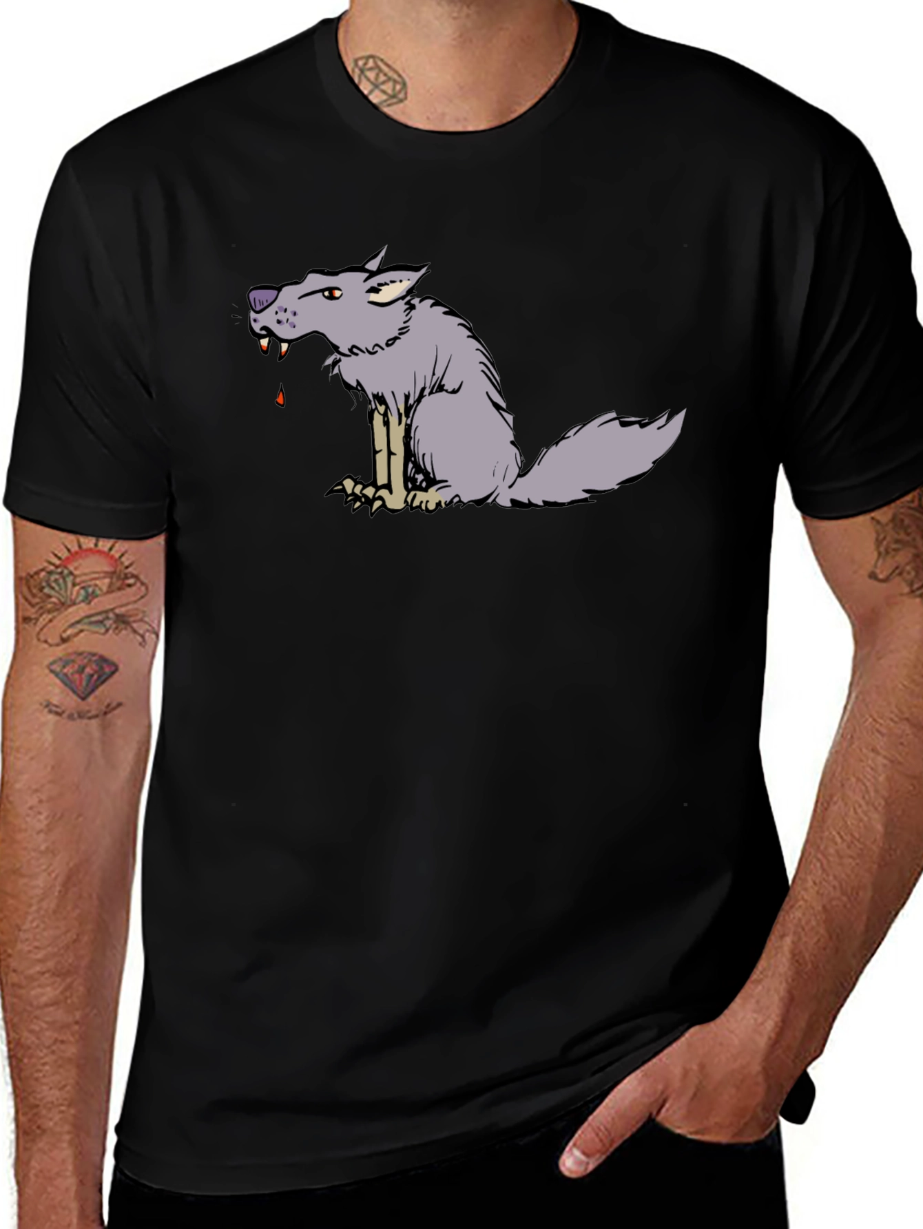 Cartoon Wolf Graphic Black Tee
