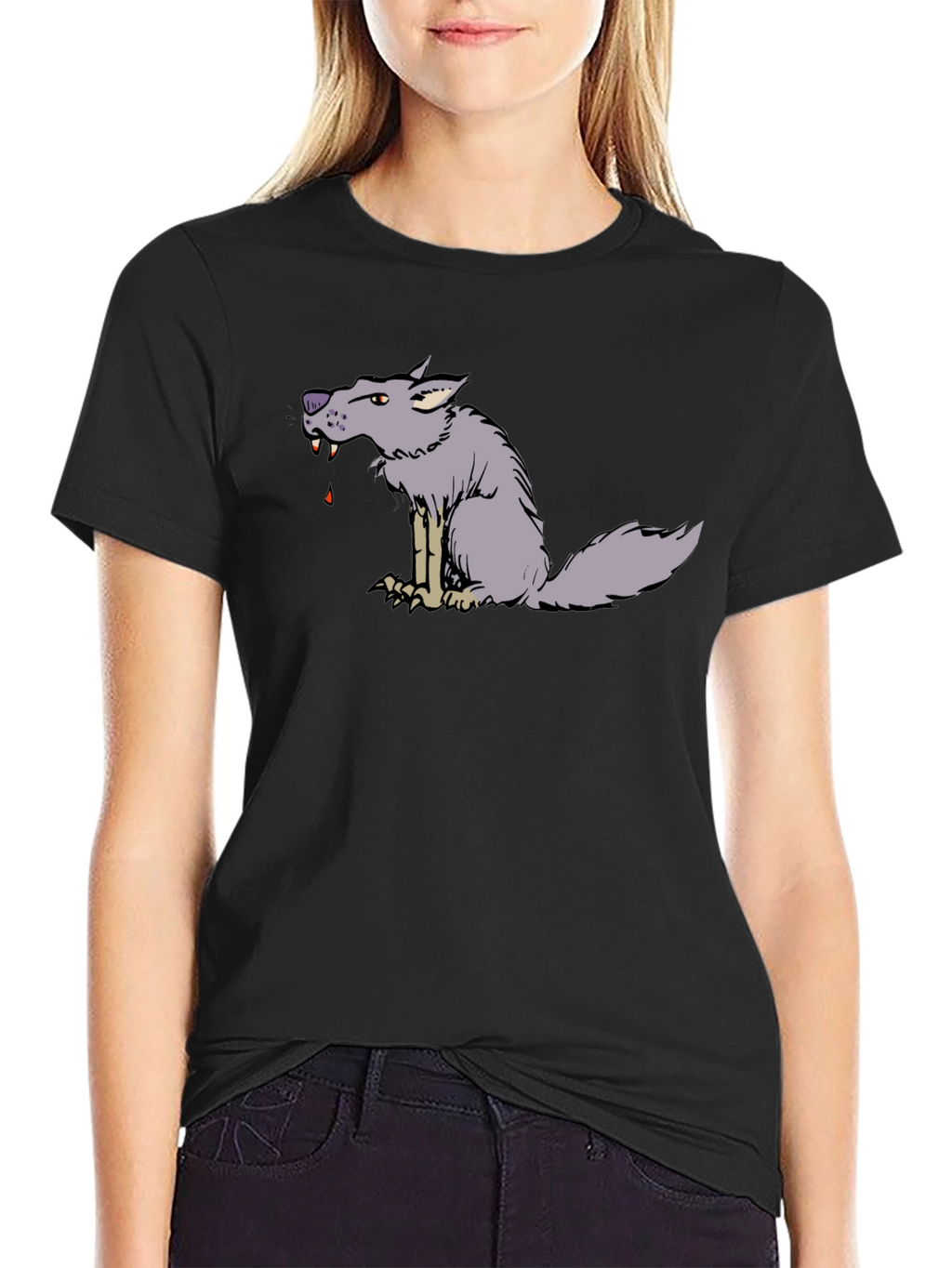 Cartoon Wolf Graphic Black Tee