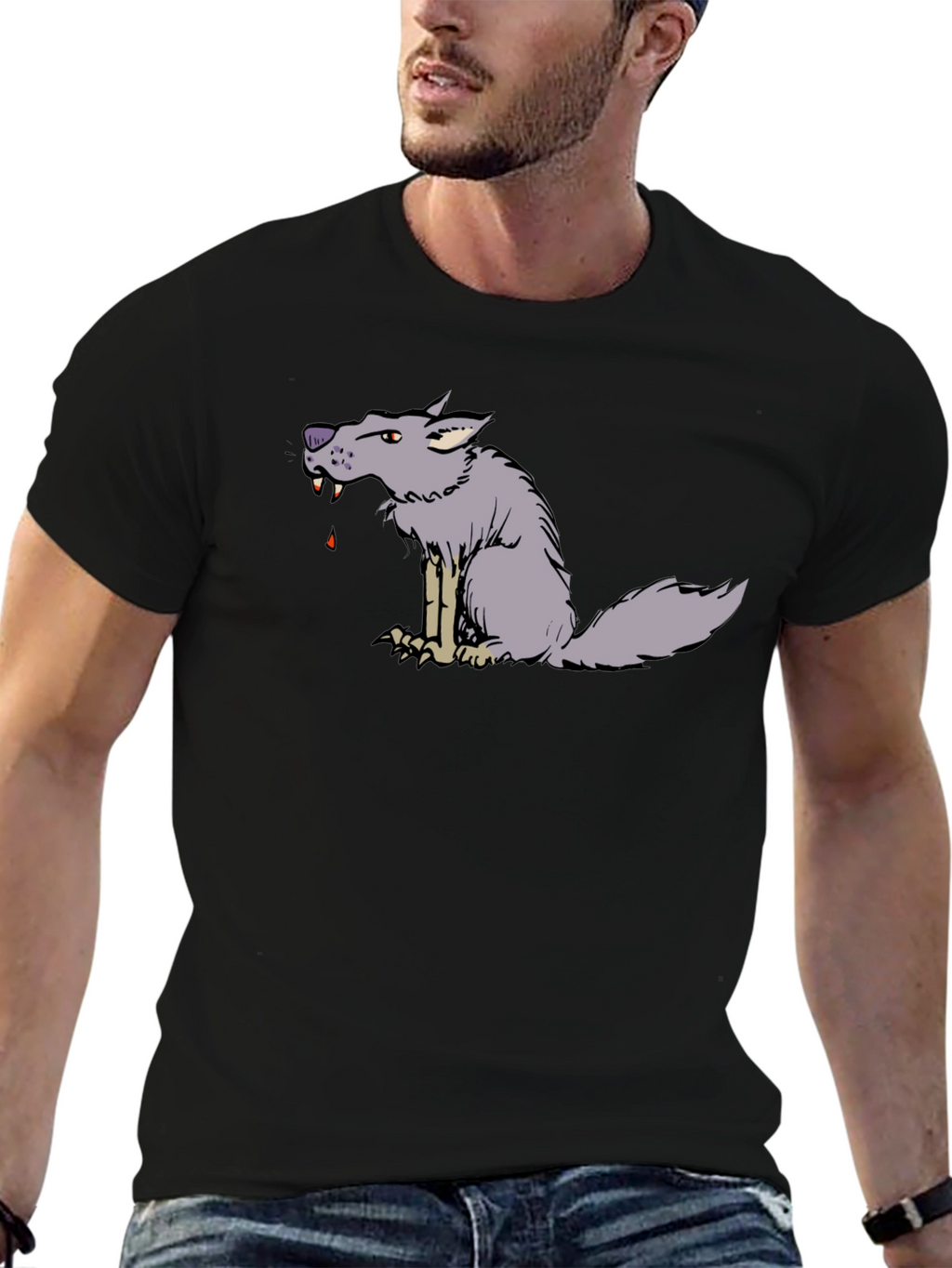 Cartoon Wolf Graphic Black Tee