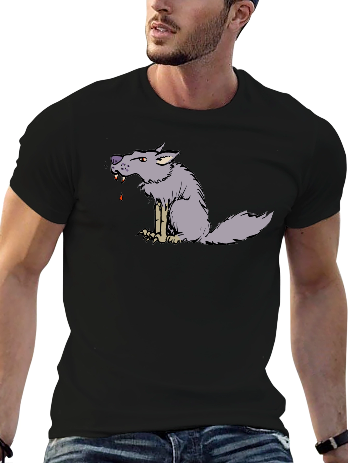 Cartoon Wolf Graphic Black Tee
