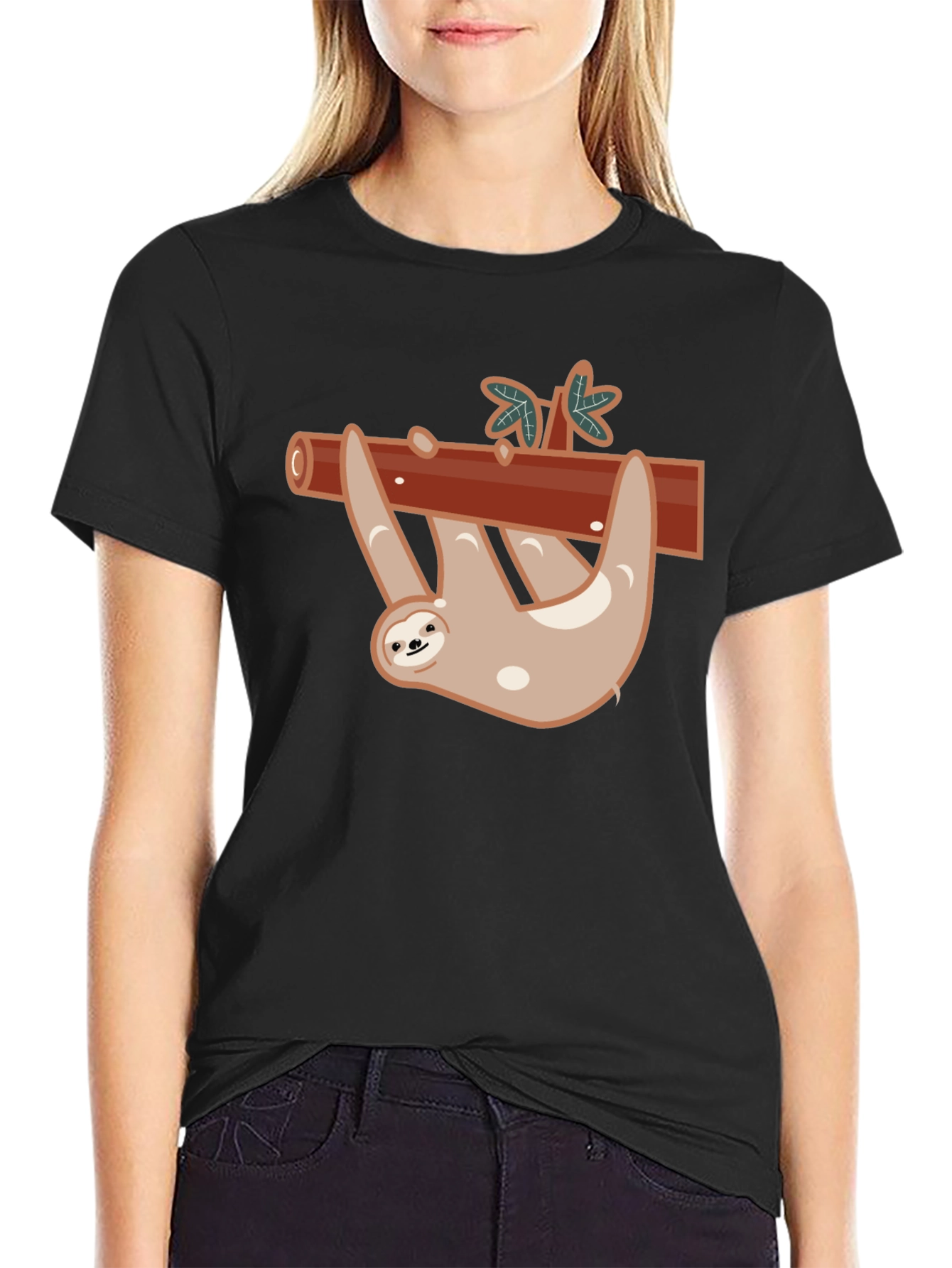 Cute Sloth On Branch Black T-Shirt