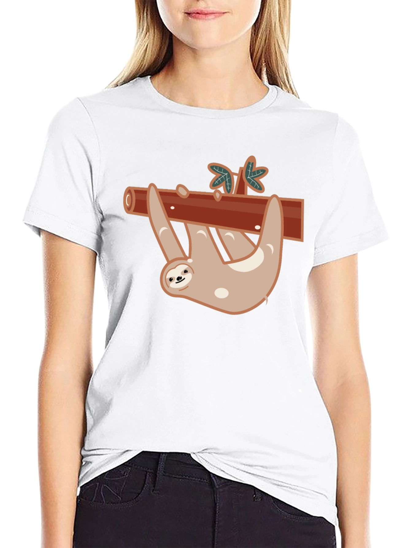 Cute Sloth On Branch Black T-Shirt