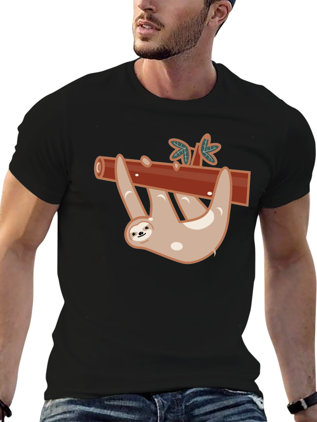 Cute Sloth On Branch Black T-Shirt