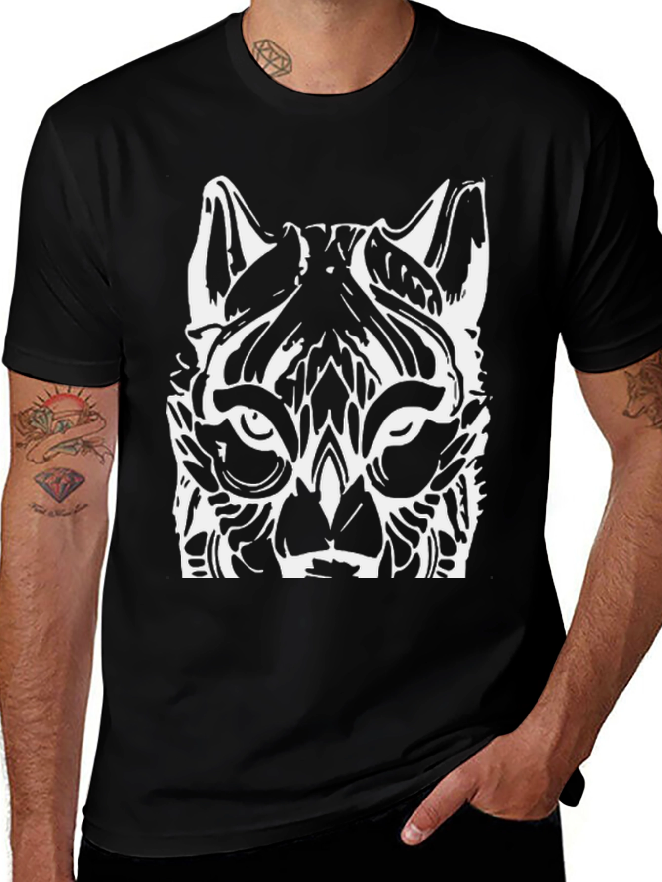 Bold Black Tee with White Wolf Graphic
