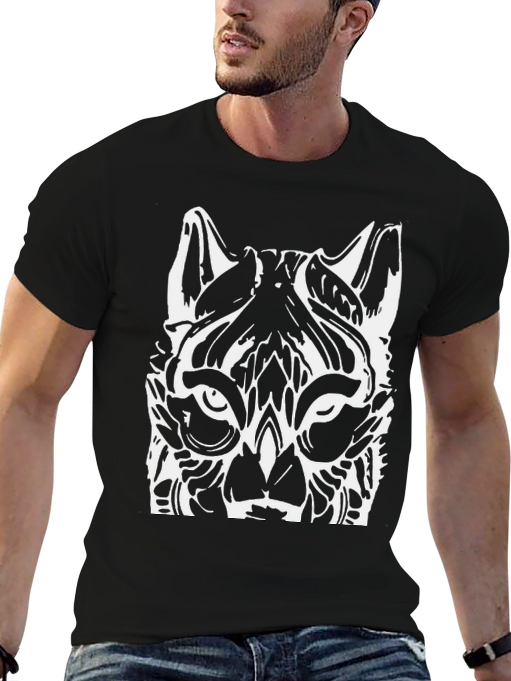 Bold Black Tee with White Wolf Graphic