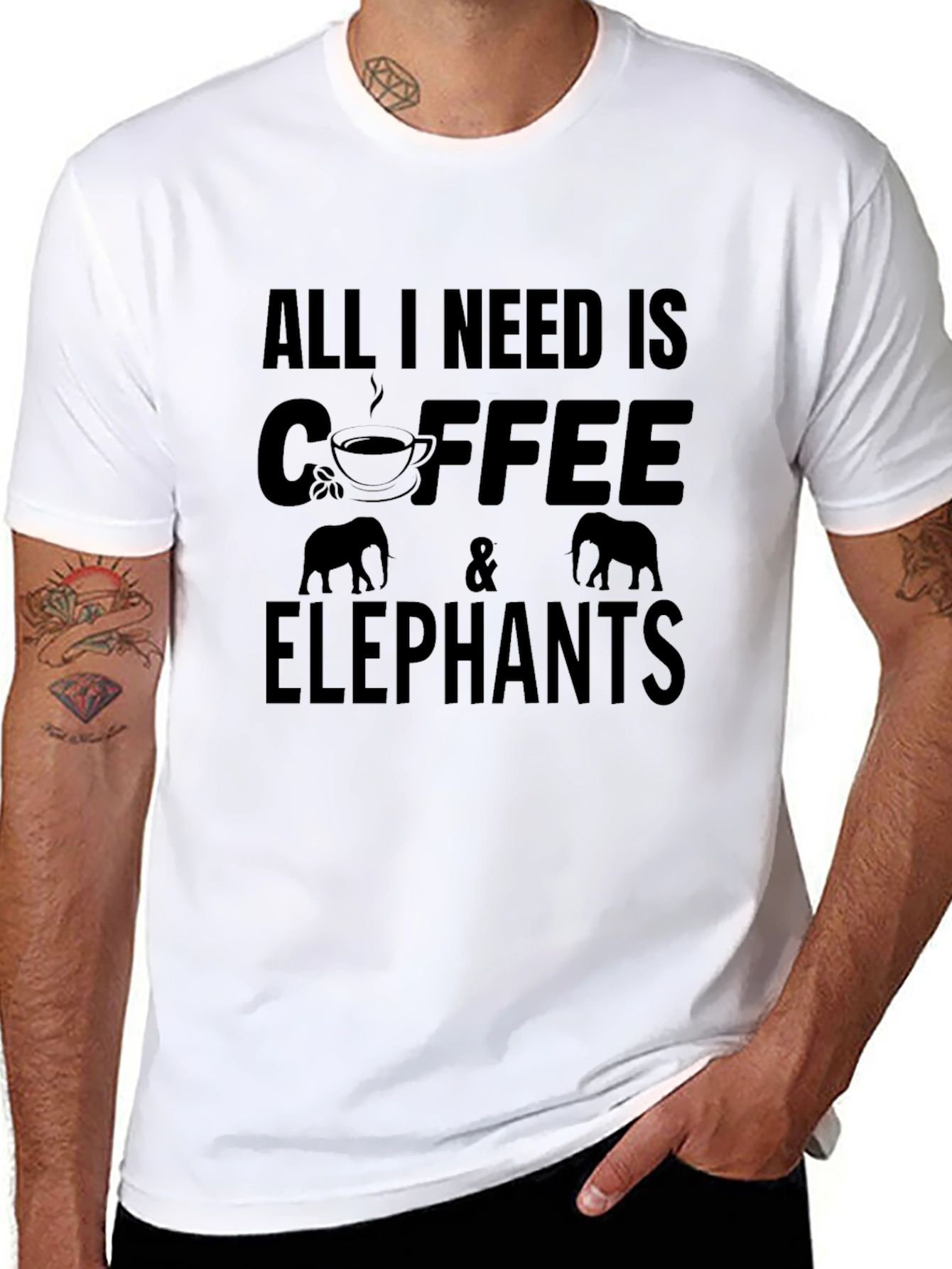 Coffee & Elephants Graphic Tee - Black Cotton T-Shirt