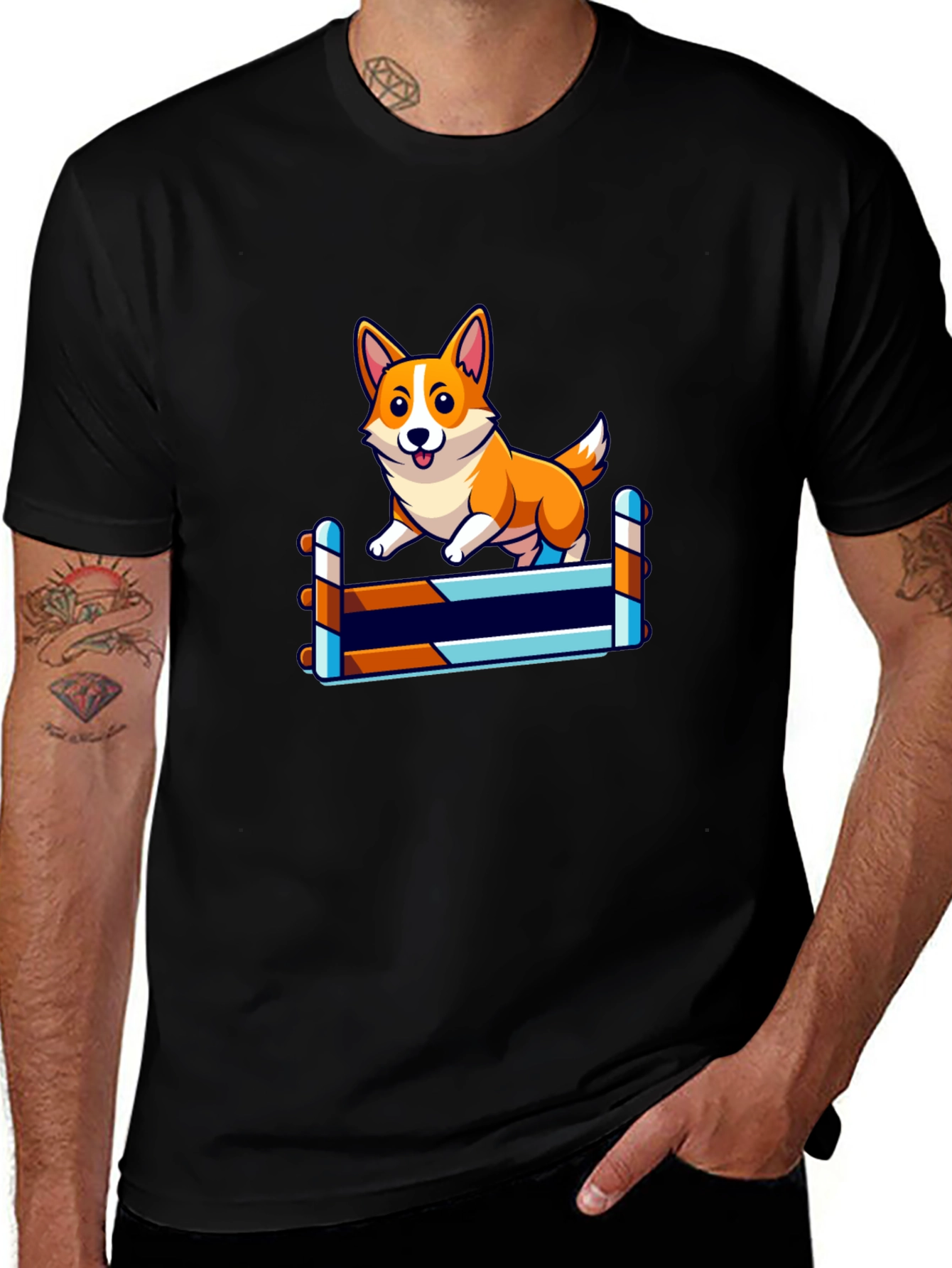 Corgi Jumping Hurdles Black T-Shirt
