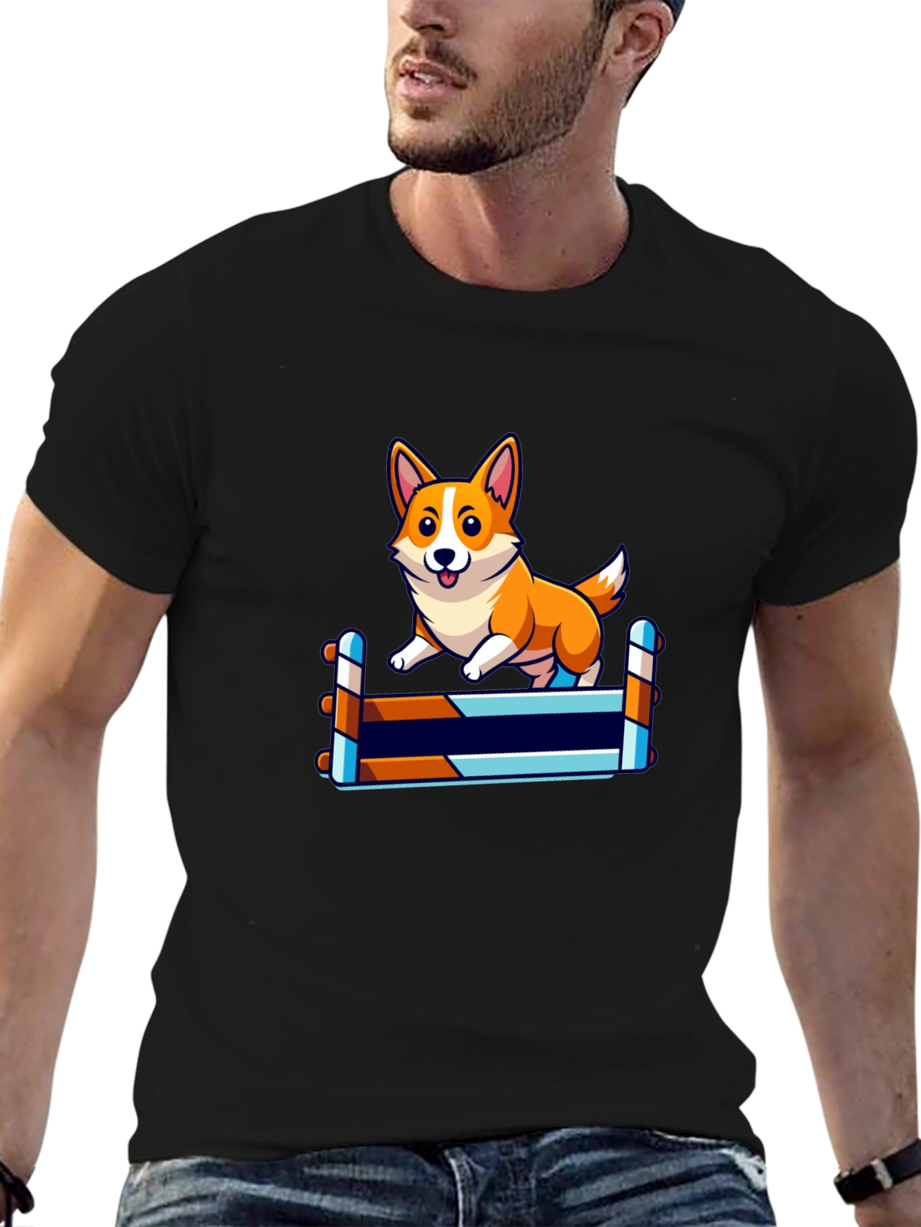 Corgi Jumping Hurdles Black T-Shirt