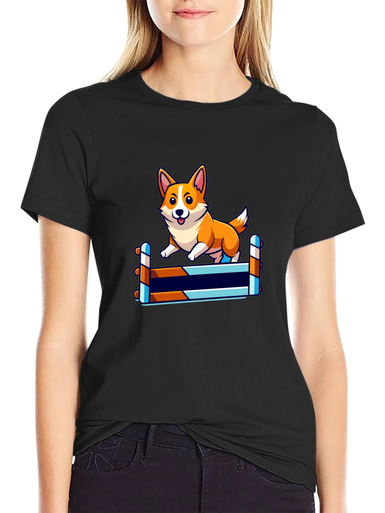 Corgi Jumping Hurdles Black T-Shirt