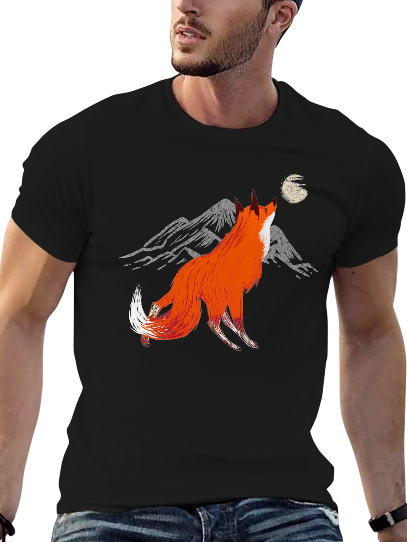 Fox Howling at Moon Graphic Tee - Stylish Black T-Shirt