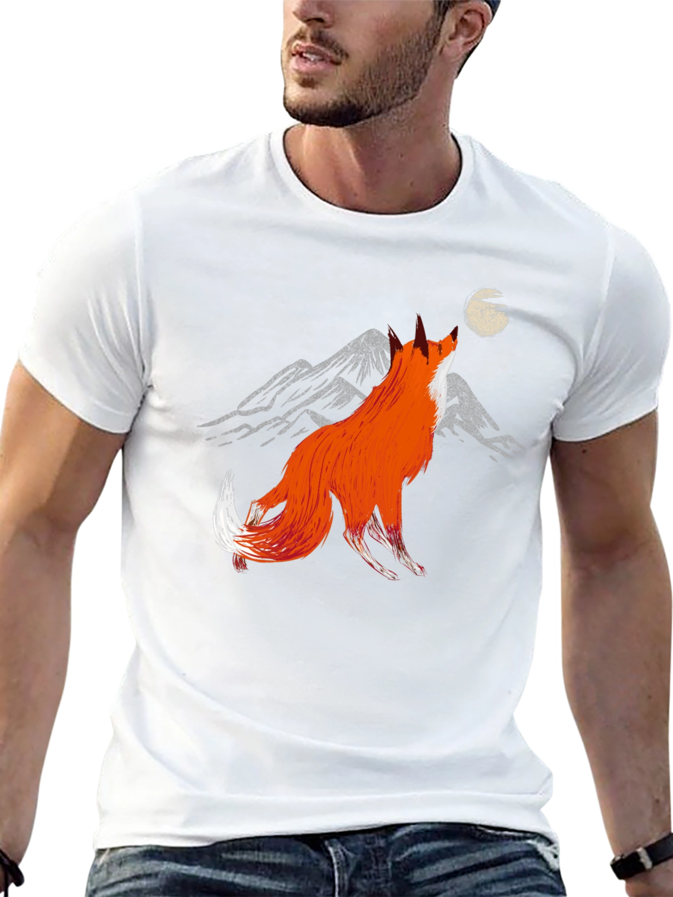 Fox Howling at Moon Graphic Tee - Stylish Black T-Shirt