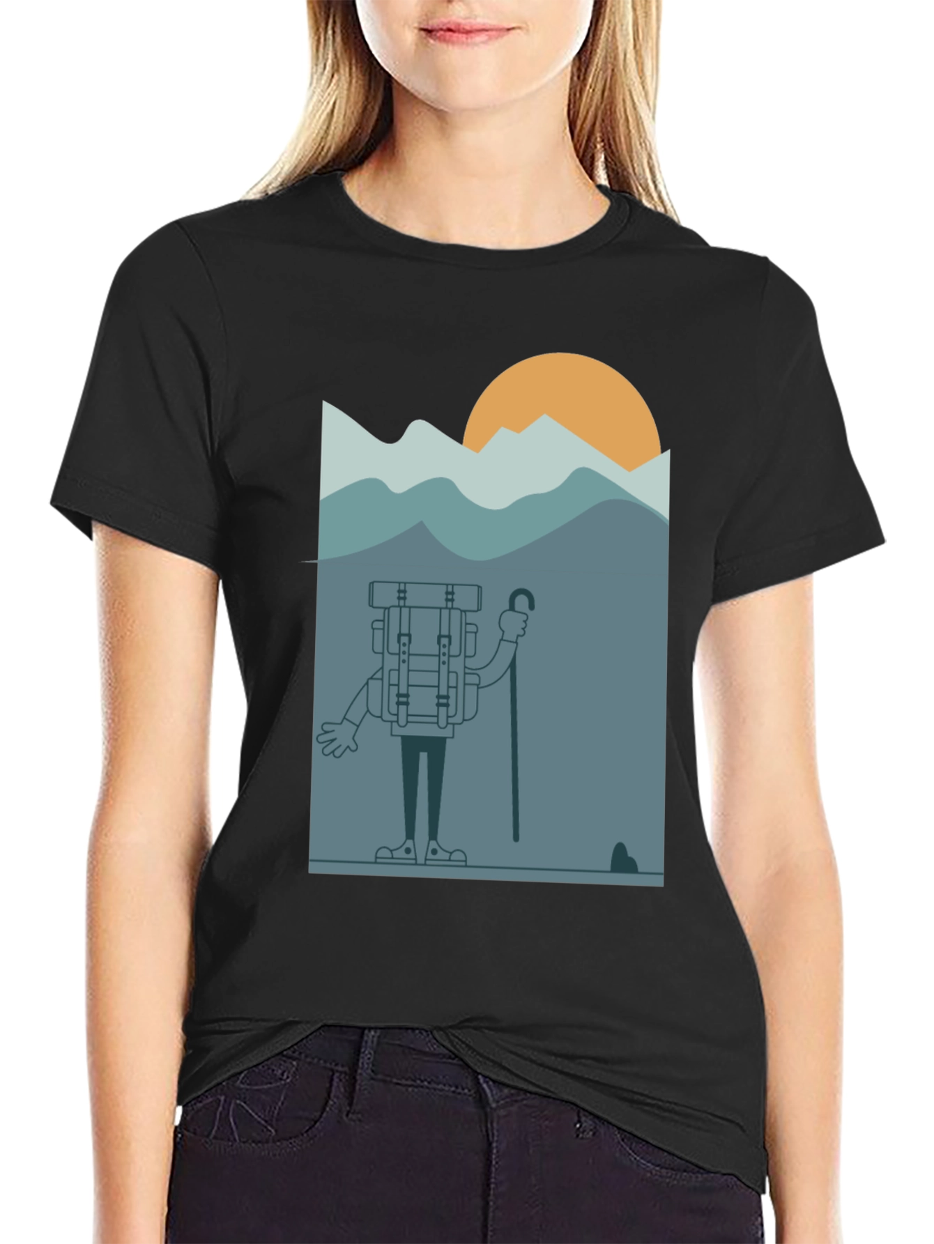 Cartoon Hiker Black T-Shirt