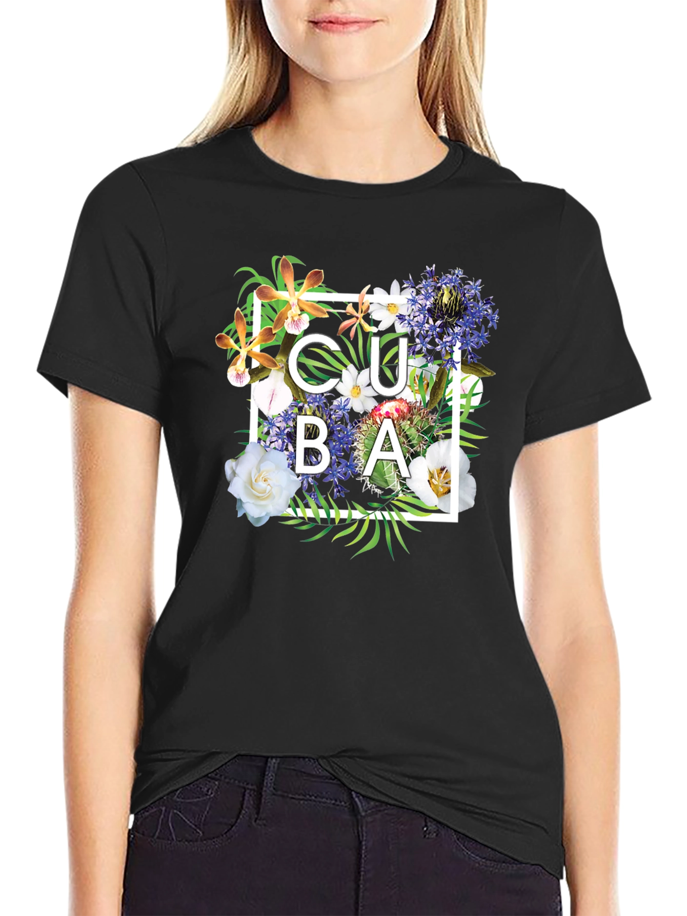 Cuba Floral Graphic Black T-Shirt