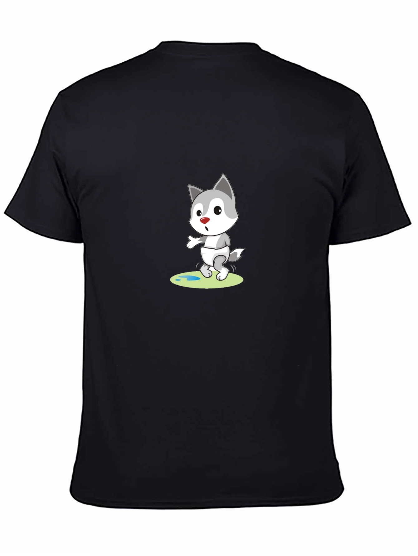 Cartoon Wolf Graphic Tee - Black Cotton T-Shirt