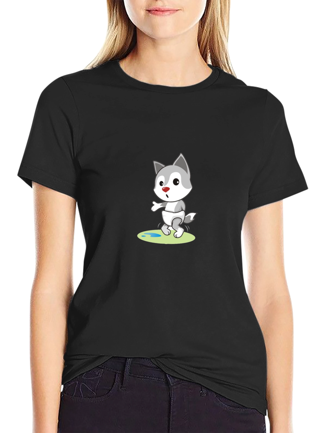 Cartoon Wolf Graphic Tee - Black Cotton T-Shirt