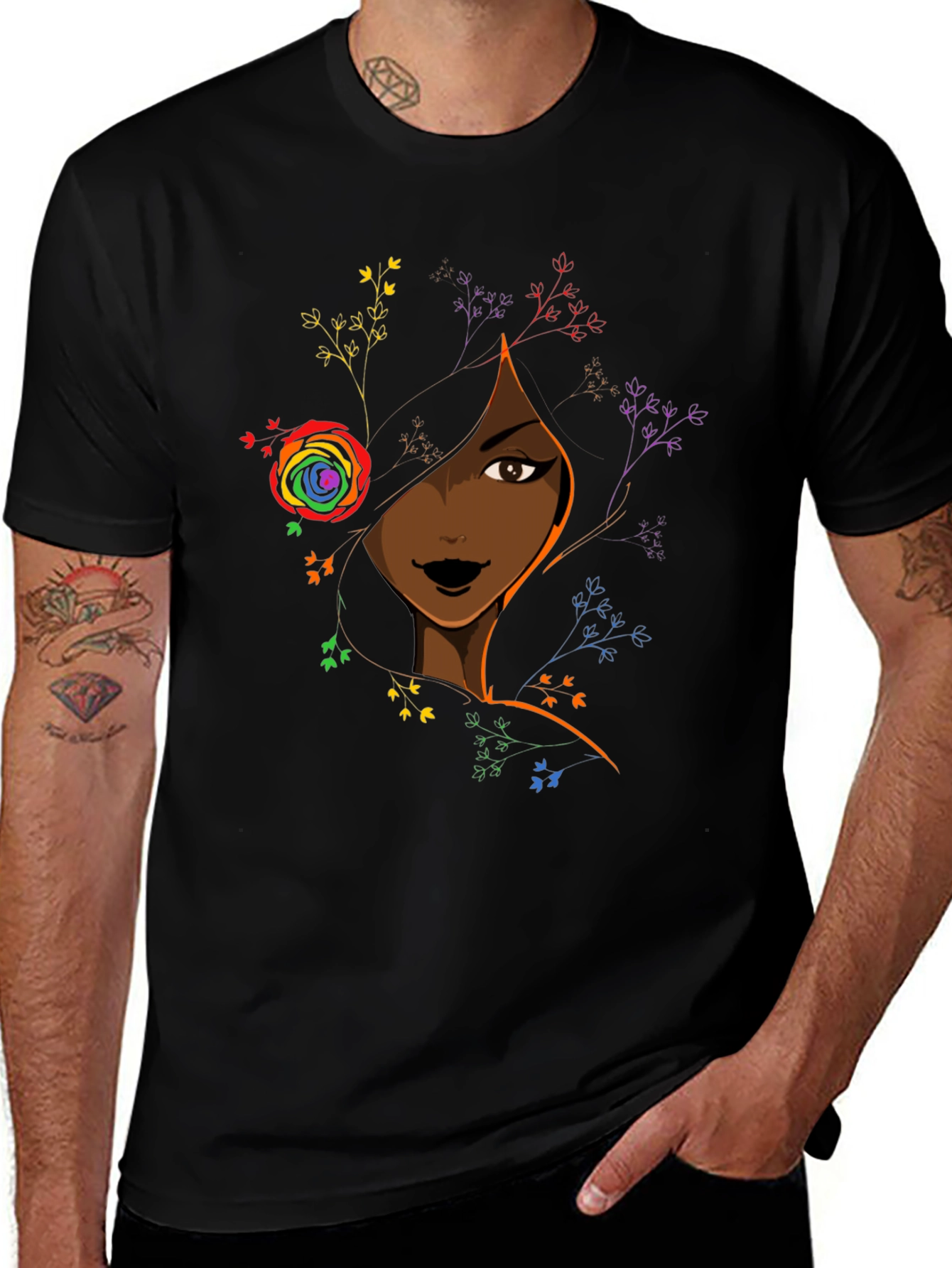 Black Girl Magic Tee - Rainbow Flower Portrait Shirt