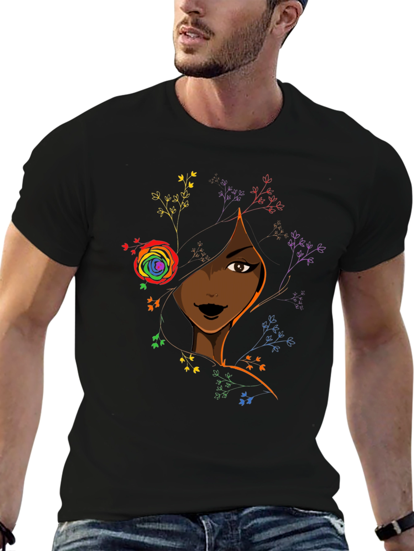 Black Girl Magic Tee - Rainbow Flower Portrait Shirt