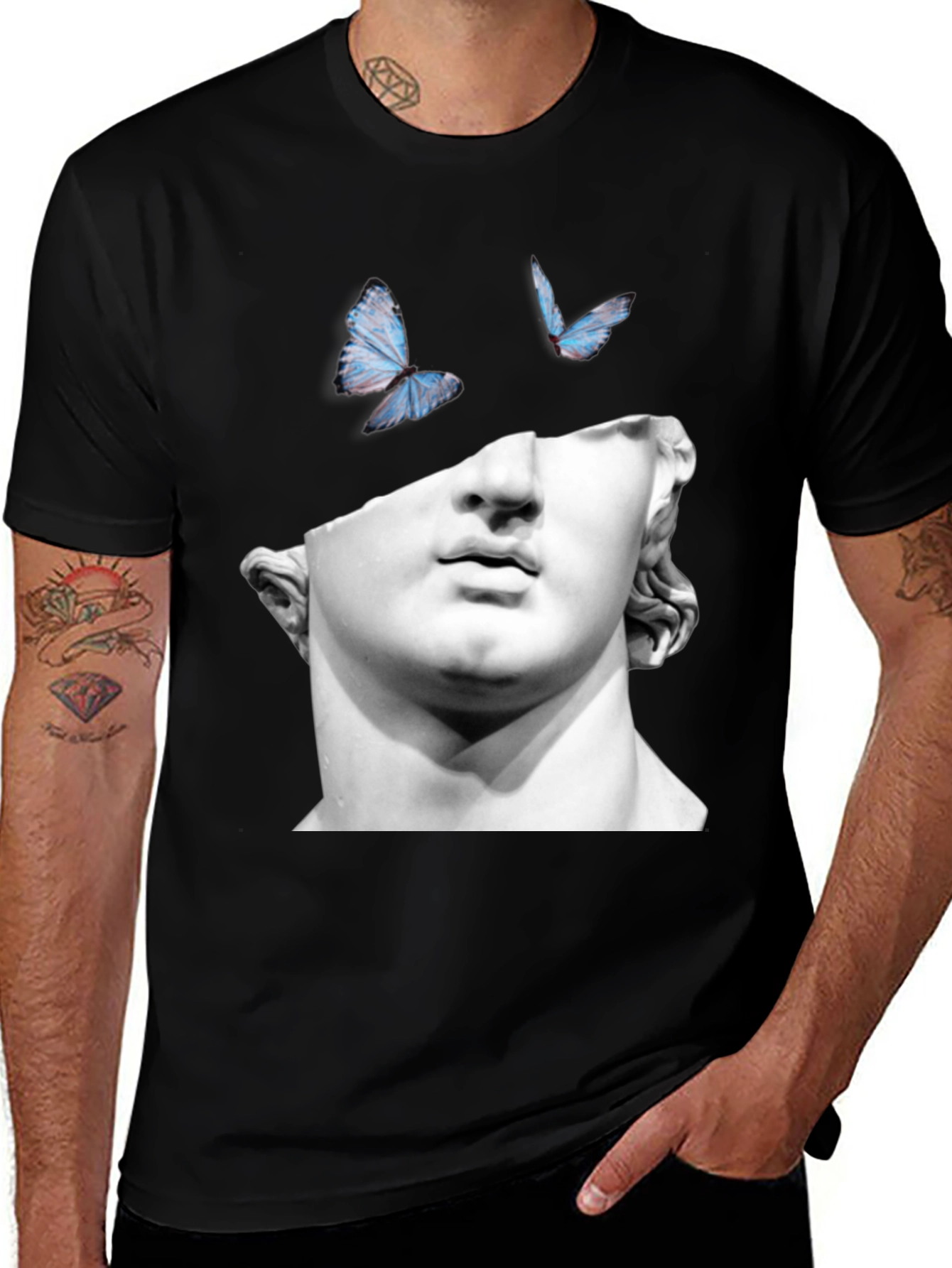 Statue & Butterfly Graphic Black T-Shirt