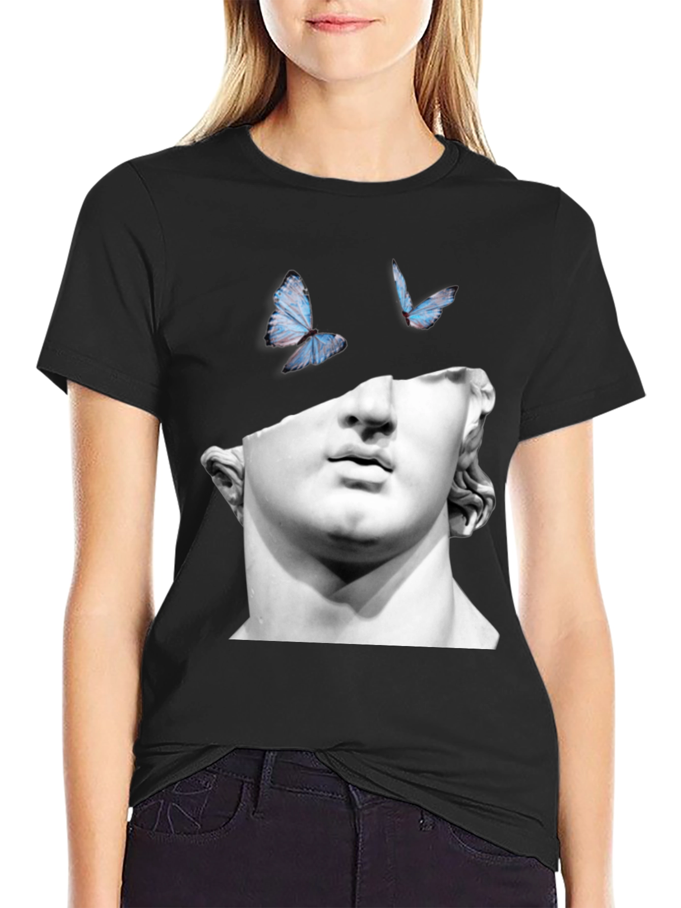 Statue & Butterfly Graphic Black T-Shirt