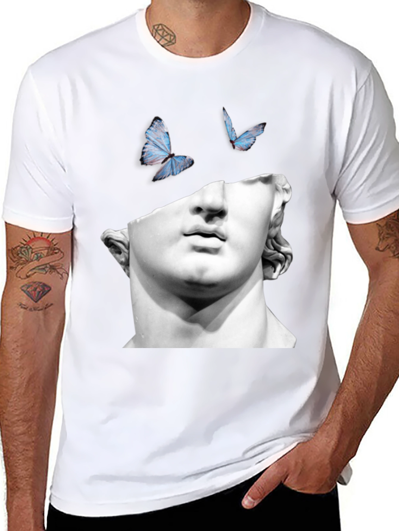Statue & Butterfly Graphic Black T-Shirt