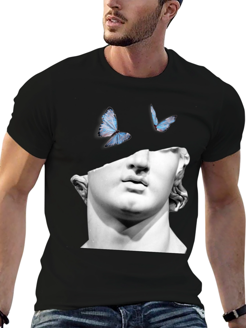 Statue & Butterfly Graphic Black T-Shirt