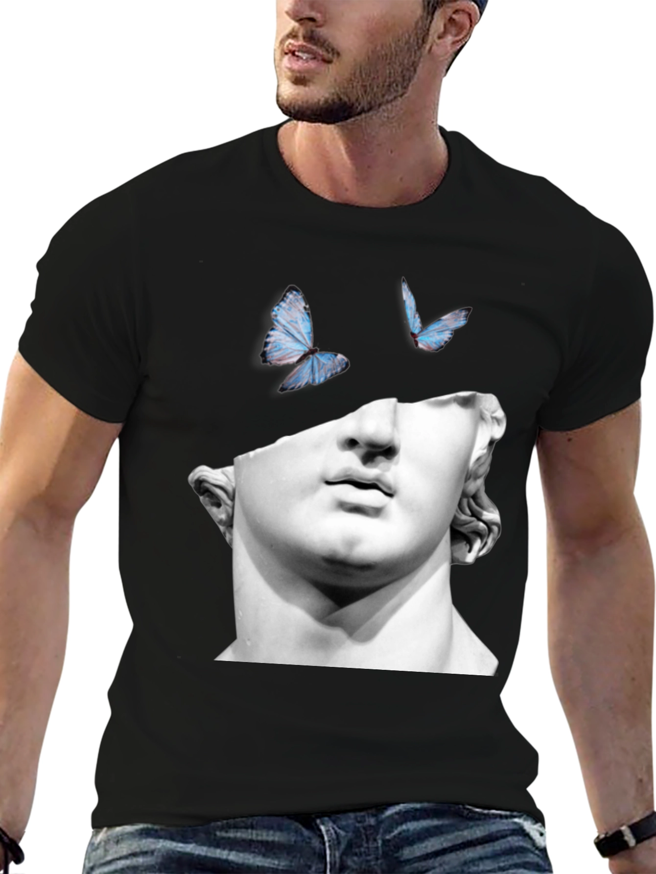 Statue & Butterfly Graphic Black T-Shirt