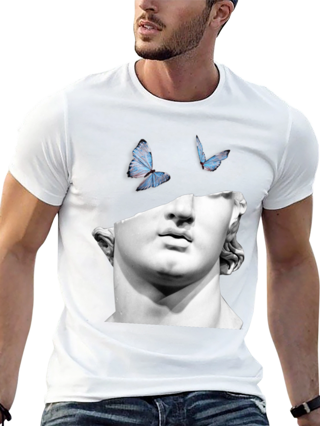 Statue & Butterfly Graphic Black T-Shirt