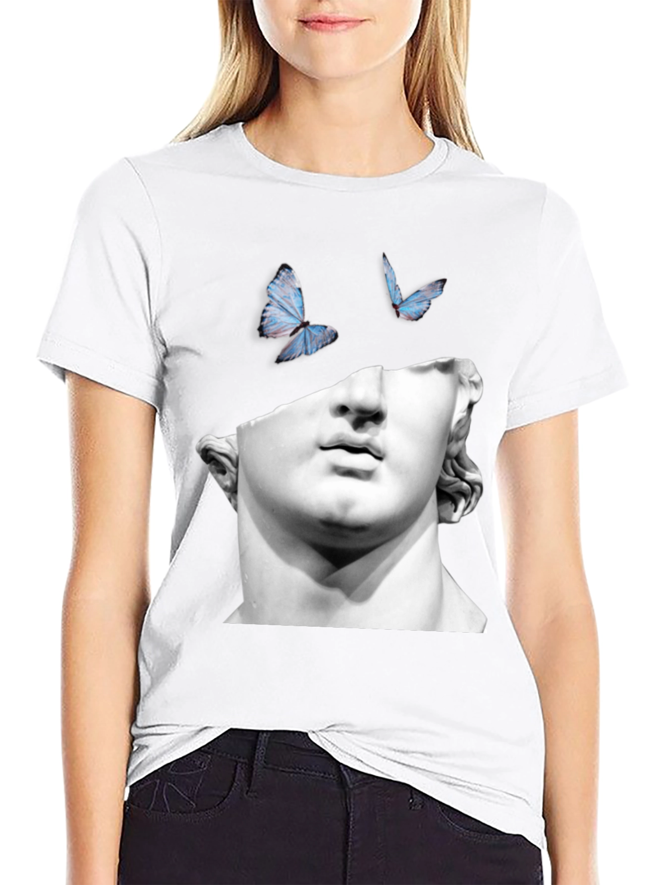 Statue & Butterfly Graphic Black T-Shirt
